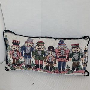 Vintage Tapestry Nutcracker Christmas Throw Pillow Burgundy Backing